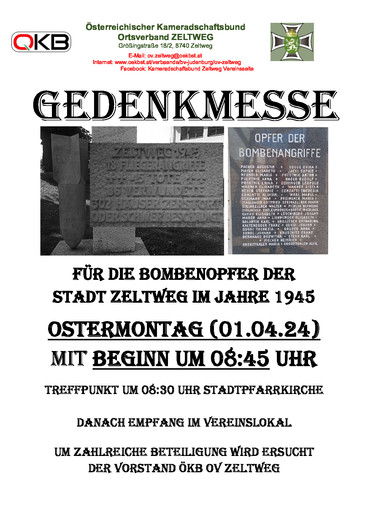 Bombenopfergedenkgottesdienst 01.04.2024 08:45 Uhr Kath. Pfarrkirche Zeltweg