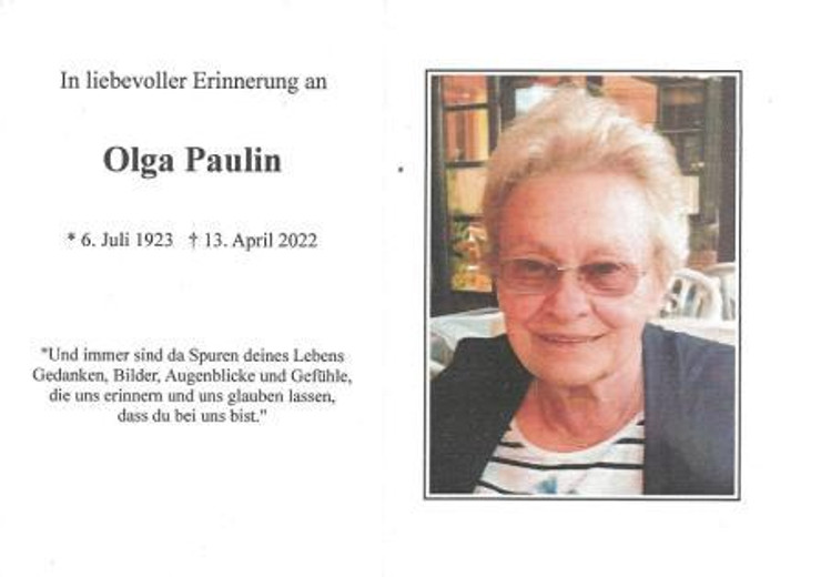 29.04.2022 Verabschiedung von unserem Ehrenmitglied Frau Olga PAULIN - verstorben am 13.04.2022